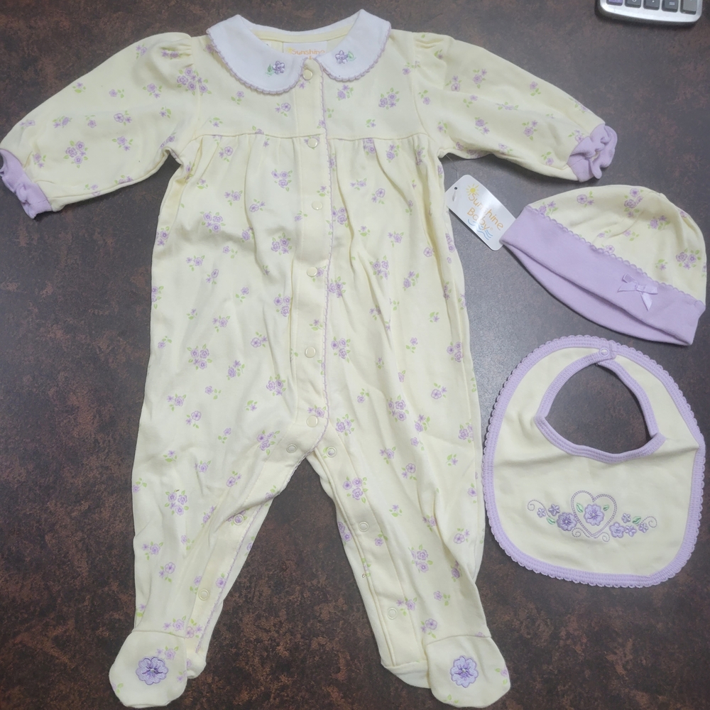 Yellow and Purple Footie One Piece with Floral Design